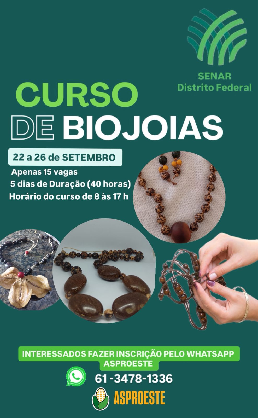 curso biojoias O curso de Biojoias, promovido pelo SENAR//DF, será realizado em setembro e tem como objetivo capacitar os participantes para a criação e comercialização de peças artesanais com identidade cultural e sustentável. Durante o curso, será apresentada a estrutura e atuação do Sistema FAET/SENAR, seguida pela introdução ao conceito de biojoia, destacando sua importância como expressão artística e fonte de renda. Os alunos aprenderão a identificar e coletar matérias-primas naturais, respeitando os critérios de sustentabilidade e valorizando os recursos locais. A parte prática inclui a confecção de peças, com foco em técnicas artesanais, tipos de acabamento, processo criativo, e organização do processo produtivo. O curso também aborda as principais tendências do mercado, bem como as características culturais que influenciam o design das peças. Além da produção, os participantes receberão orientações sobre empreendedorismo, controle de qualidade, agregação de valor, e estratégias para divulgação e vendas pela internet. A gestão de custos e a comercialização eficiente também fazem parte do conteúdo, preparando o aluno para transformar sua produção em um negócio sustentável. 📅 O curso será realizado em setembro. 📲 Interessados devem realizar a pré-inscrição pelo WhatsApp: 61 3478-1336 ASPROESTE