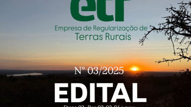 ATENCÃO MORADORES DA FAZENDA CONTAGEM DE SÃO JOÃO (LAGO OESTE)! A ETR S.A. Empresa de Regularização de Terras, Publicou o Edital de chamamento para concessões de áreas rurais (CDU) N° 03/2025 ETAPA 02 Referente as ruas : 02, 03, 04 e respectivas travessas De : 10 de Setembro Até : 10 de Novembro Segue em Anexo PDF do edital.